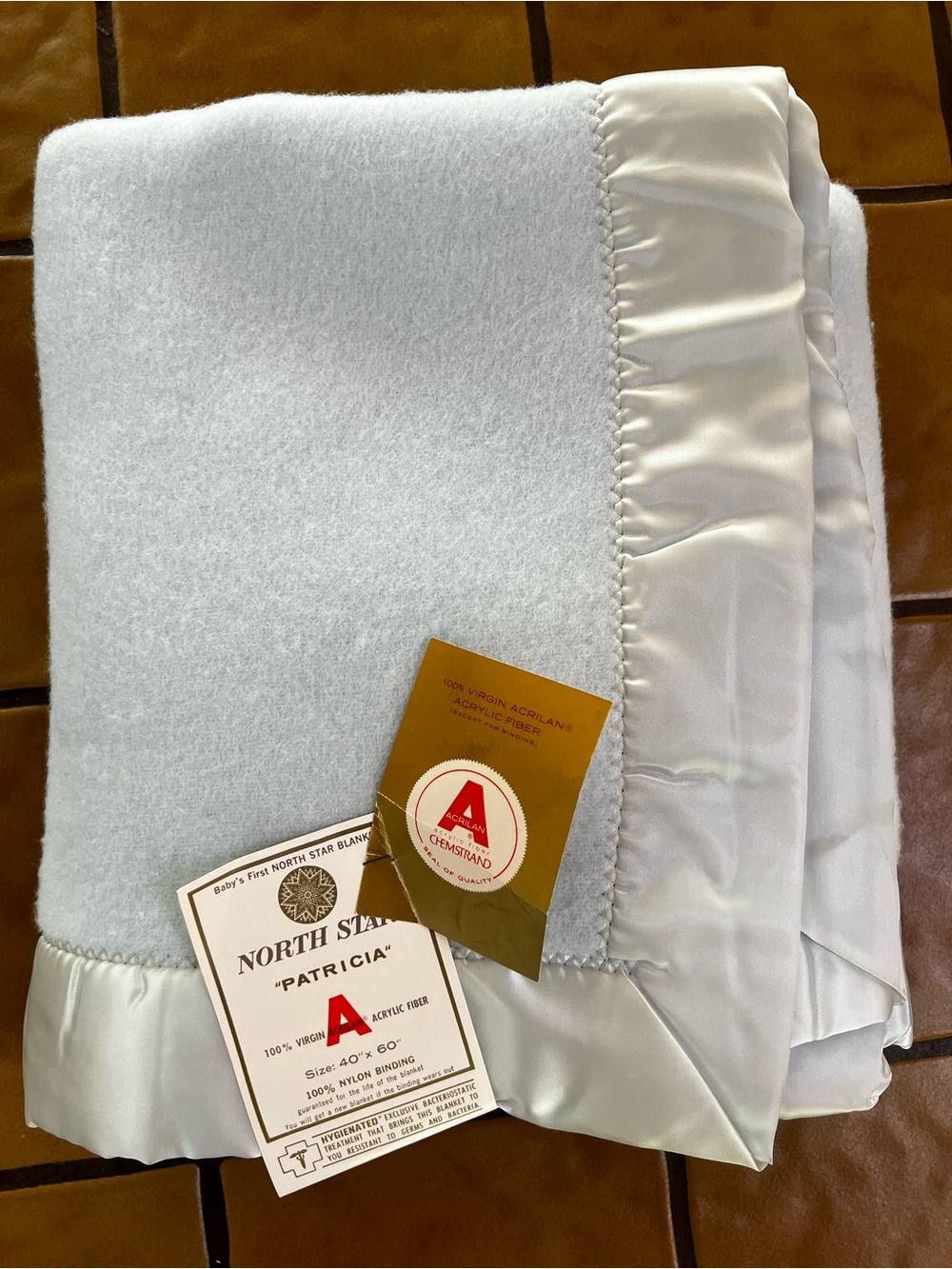Vintage North Star Patricia Baby Blanket Acrilan Acrylic Satin Trim Pastel Blue